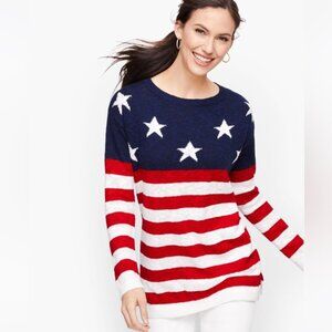 Talbots NEW Stars Stripes Linen Cotton Sweater USA Lightweight Knit Crew Slits M